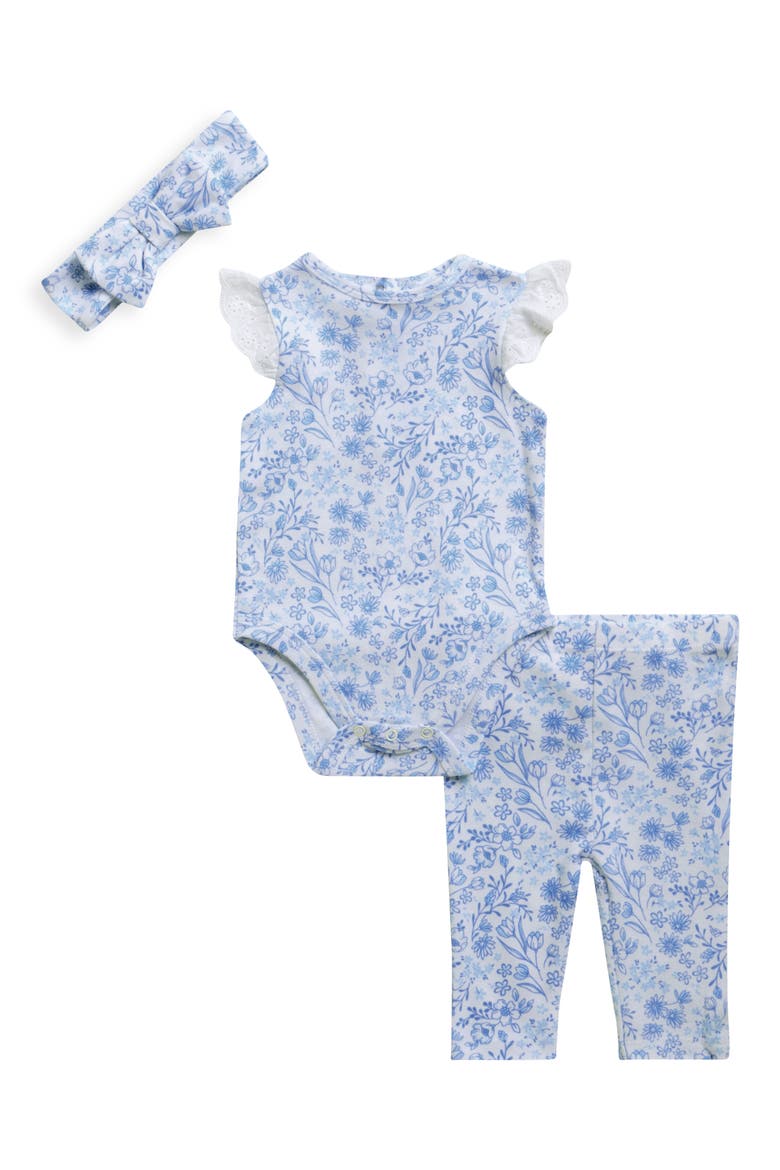 Cotton Floral Bodysuit, Leggings & Headband Set, Main, color, BLUE FLORAL