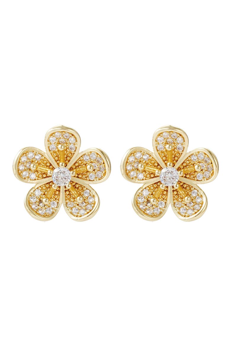 14K Gold Plated Cubic Zirconia Flower Stud Earrings, Main, color, GOLD
