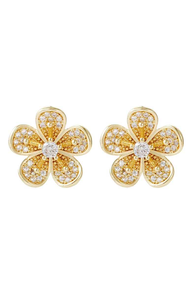 Adornia 14K Gold Plated Cubic Zirconia Flower Stud Earrings, Main, color, Gold