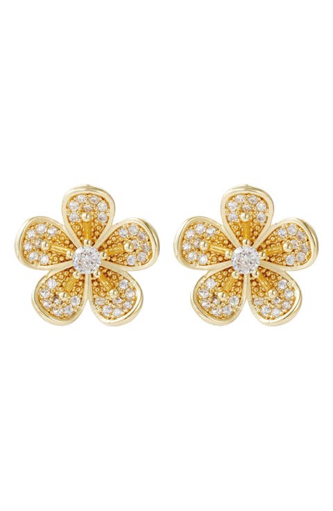 14K Gold Plated Cubic Zirconia Flower Stud Earrings