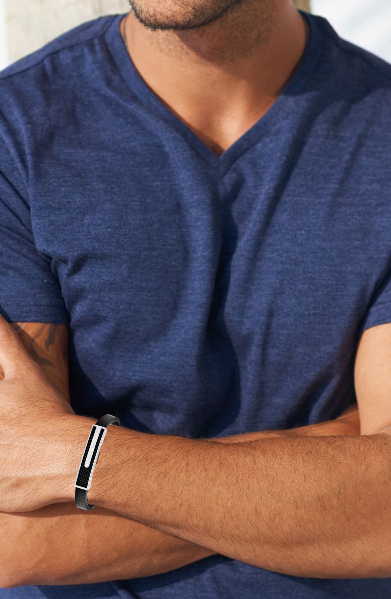 GEOFFREY BEENE Men's Carbon Fiber & Stainless Steel Bar Leather Bracelet, Alternate, color, Silver