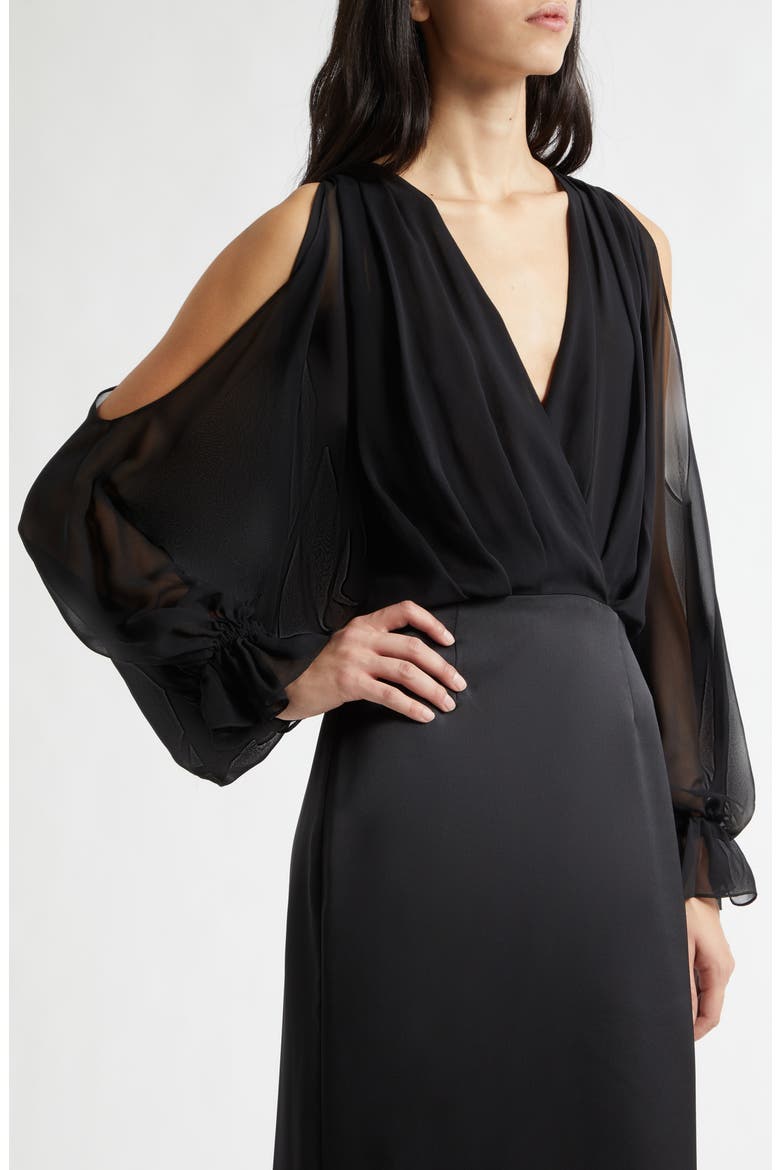 Leesa Long Sleeve Mixed Media Gown, Alternate, color, BLACK