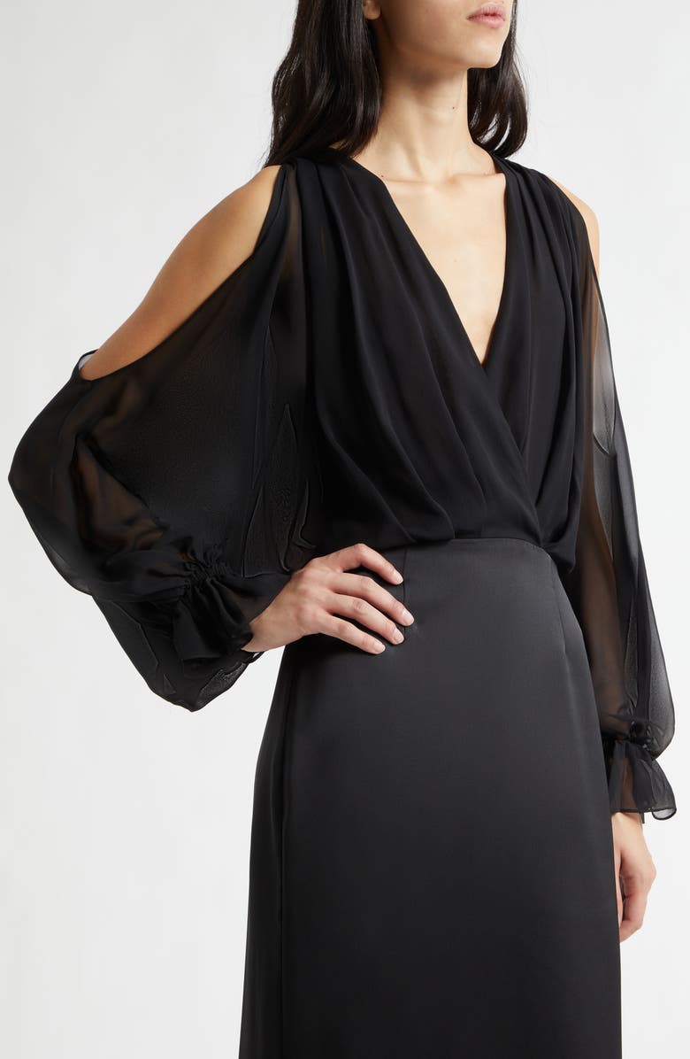 Ramy Brook Leesa Long Sleeve Mixed Media Gown, Alternate, color, Black