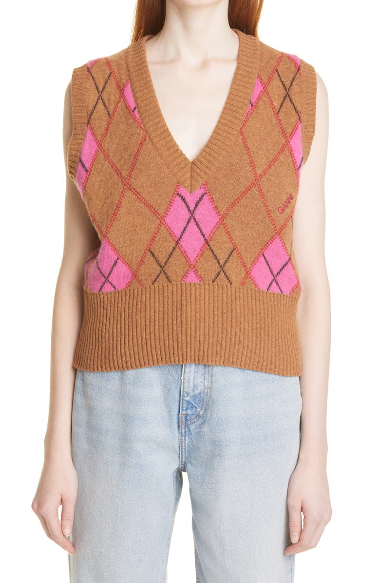 Ganni Harlequin Argyle Recycled Wool Blend Sweater Vest, Main, color, 