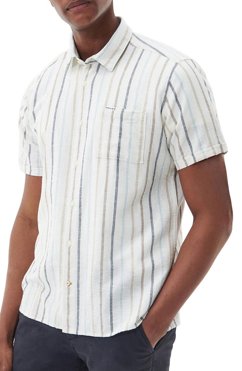 Barbour Roker Stripe Short Sleeve Cotton & Linen Button-Up Shirt, Main, color, 