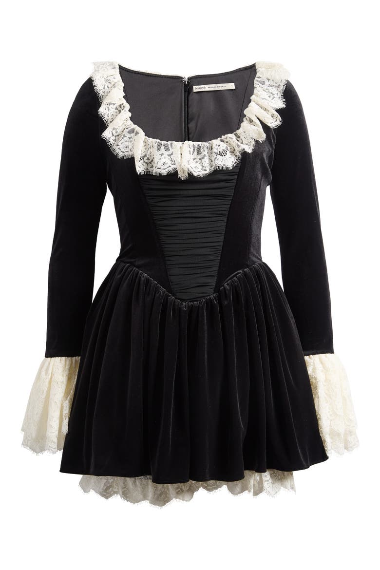 Czarina Lace Trim Ruffle Minidress, Alternate, color, BLACK