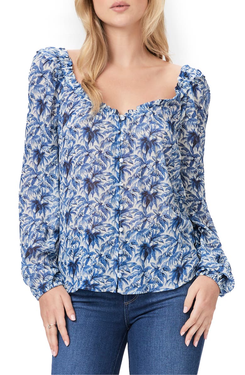 PAIGE Myla Leaf Print Ruffle Neck Silk Blouse, Main, color, 