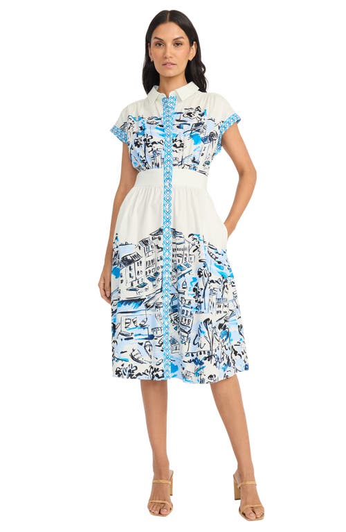 Maggy London City Scene Print Stretch Cotton Midi Shirtdress In White/blue