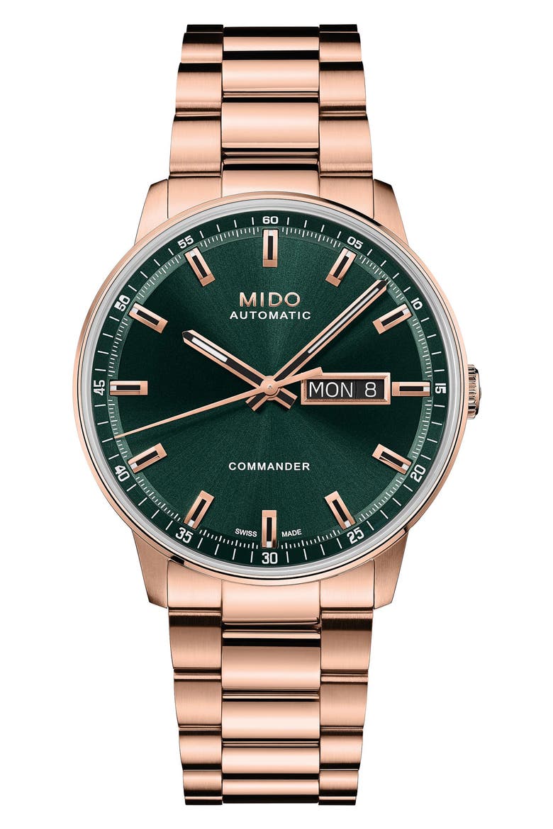 Commander Datoday Automatic Rose Gold Tone Bracelet Watch, 40mm, Main, color, GREEN