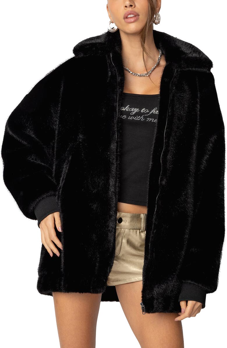 EDIKTED Taylor Oversize Faux Fur Jacket, Main, color, Black