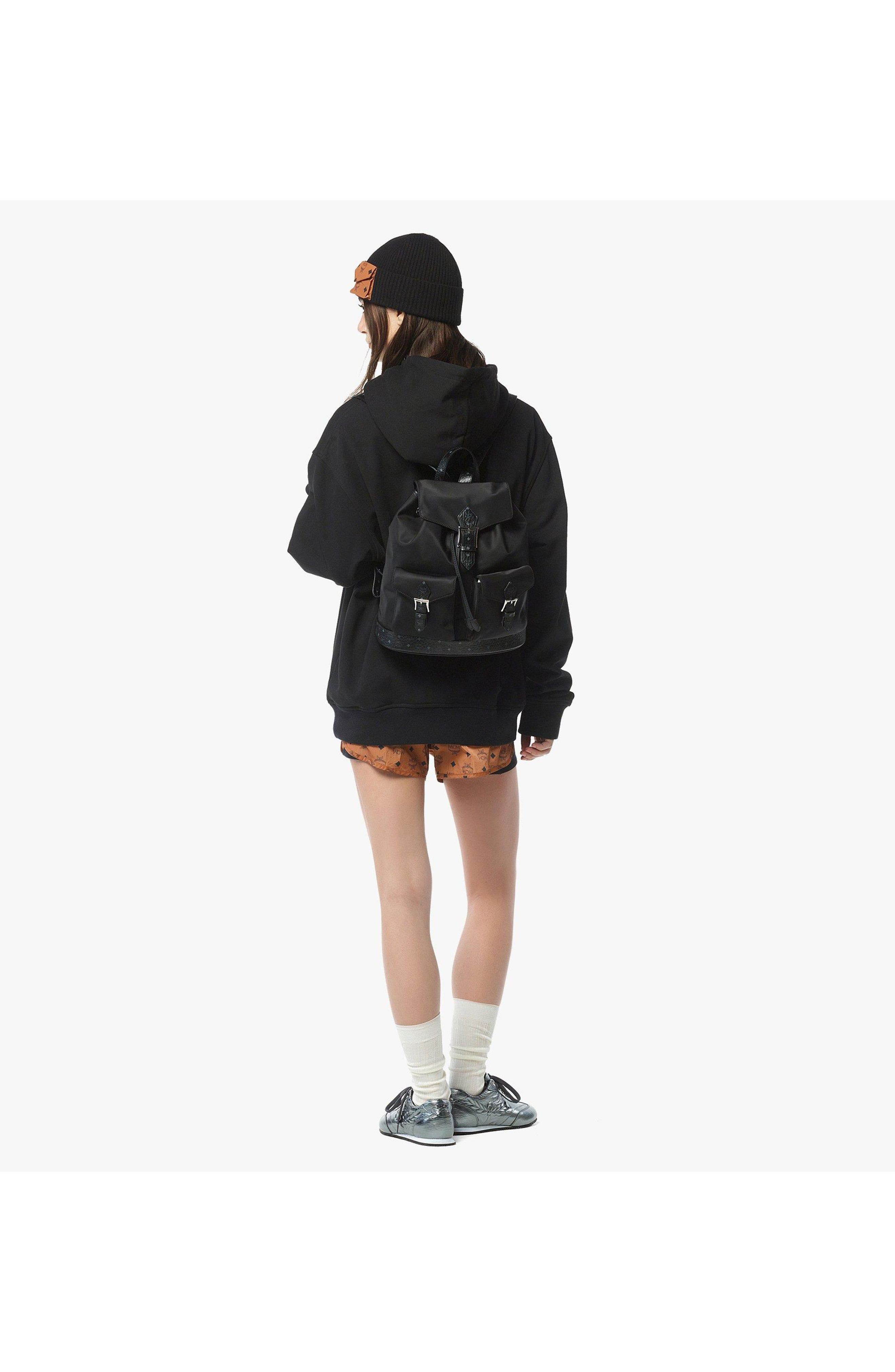 MCM Small Aren Drawstring Backpack in ECONYL and Leather, Alternate, color, Black