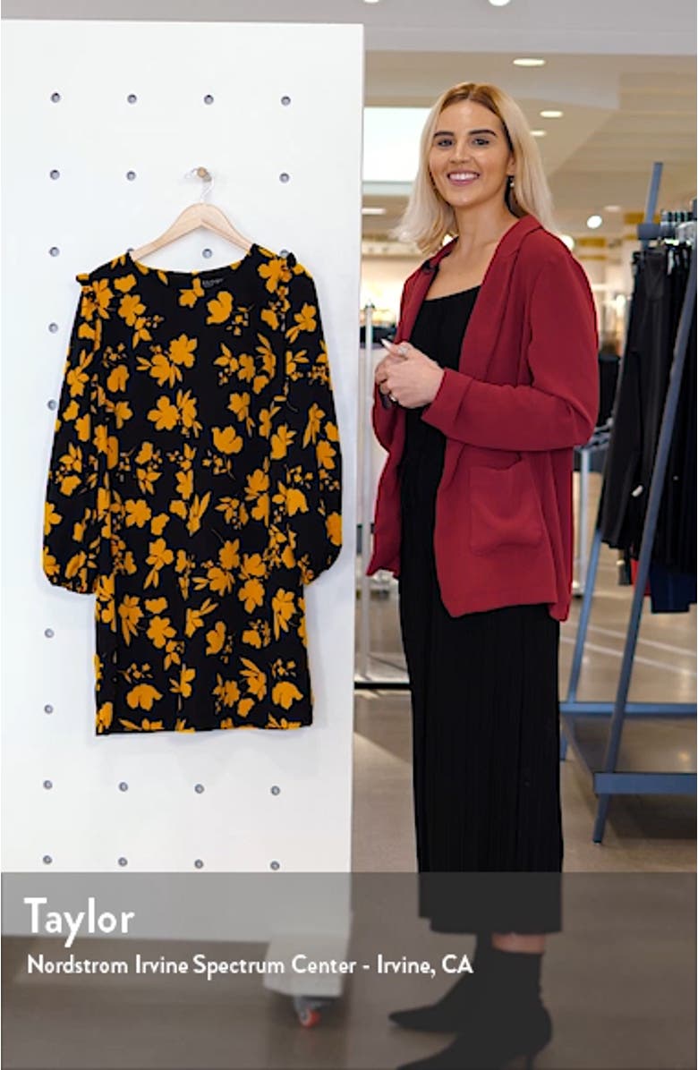 Floral Ruffle Long Sleeve Cotton Blend Crepe Shift Dress, sales video thumbnail