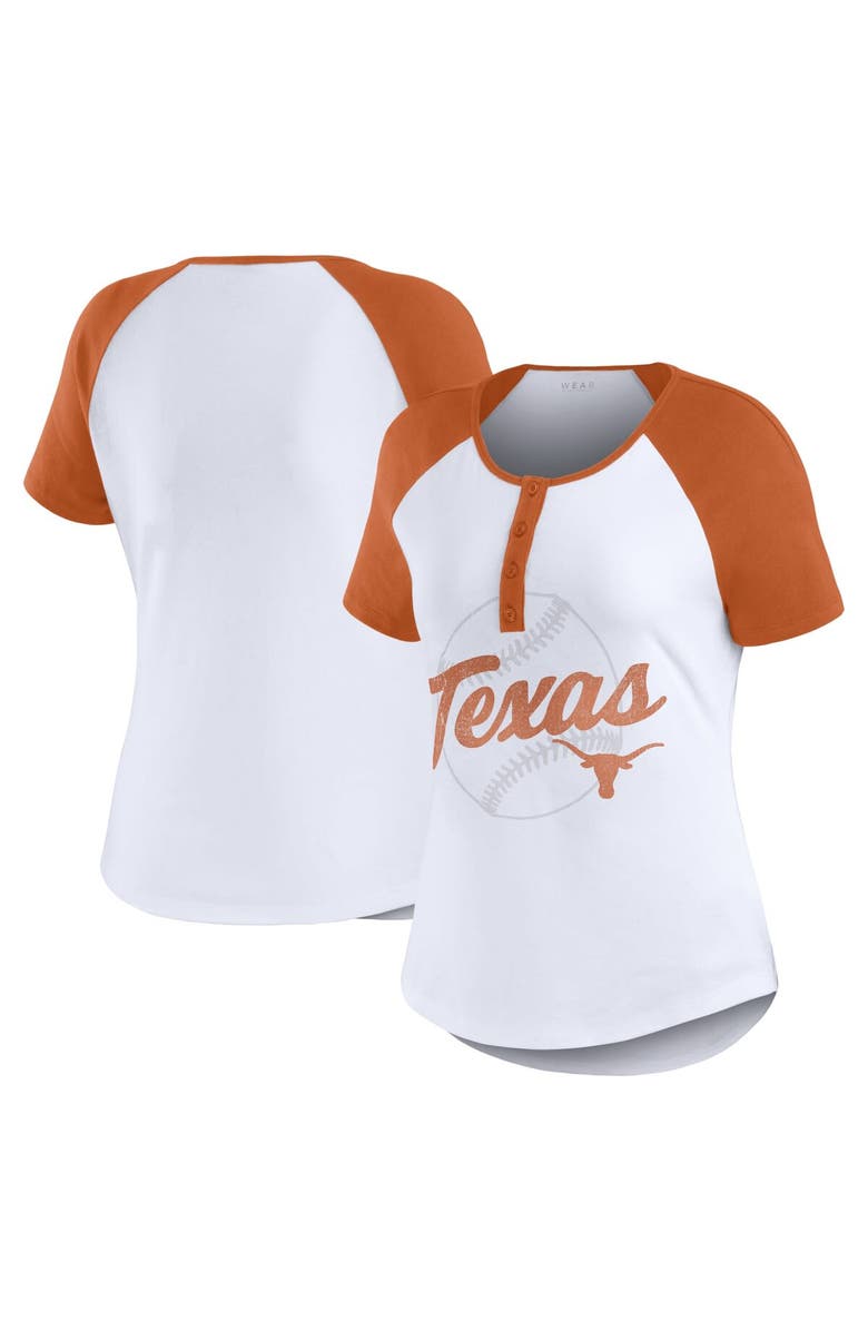 WEAR by Erin Andrews Women's WEAR by Erin Andrews White Texas Longhorns Baseball Logo Raglan Henley T-Shirt, Main, color, White