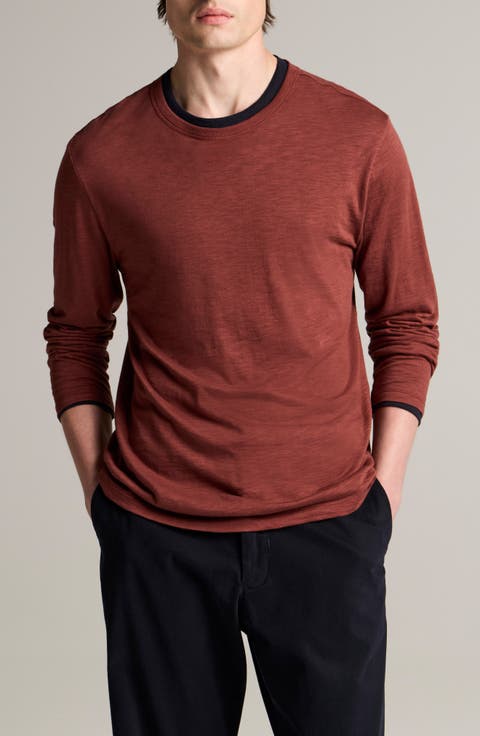 Fine Slub Layered Look Long Sleeve Pima Cotton T-Shirt