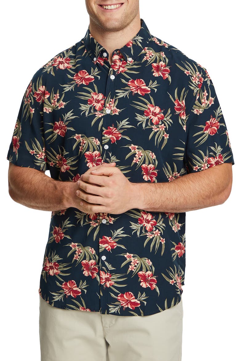 Regular Fit Hibiscus Short Sleeve Button-Down Shirt , Main, color, RUST