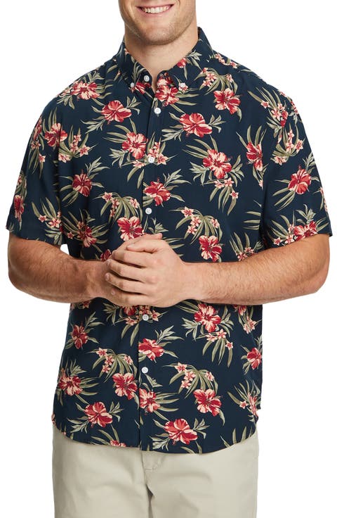 Regular Fit Hibiscus Short Sleeve Button-Down Shirt