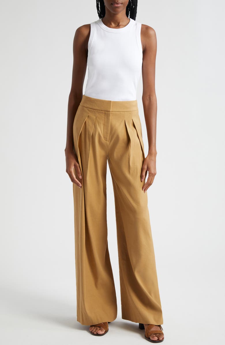 Veronica Beard Jodie Pleat Linen Blend Wide Leg Pants, Alternate, color, Desert Khaki