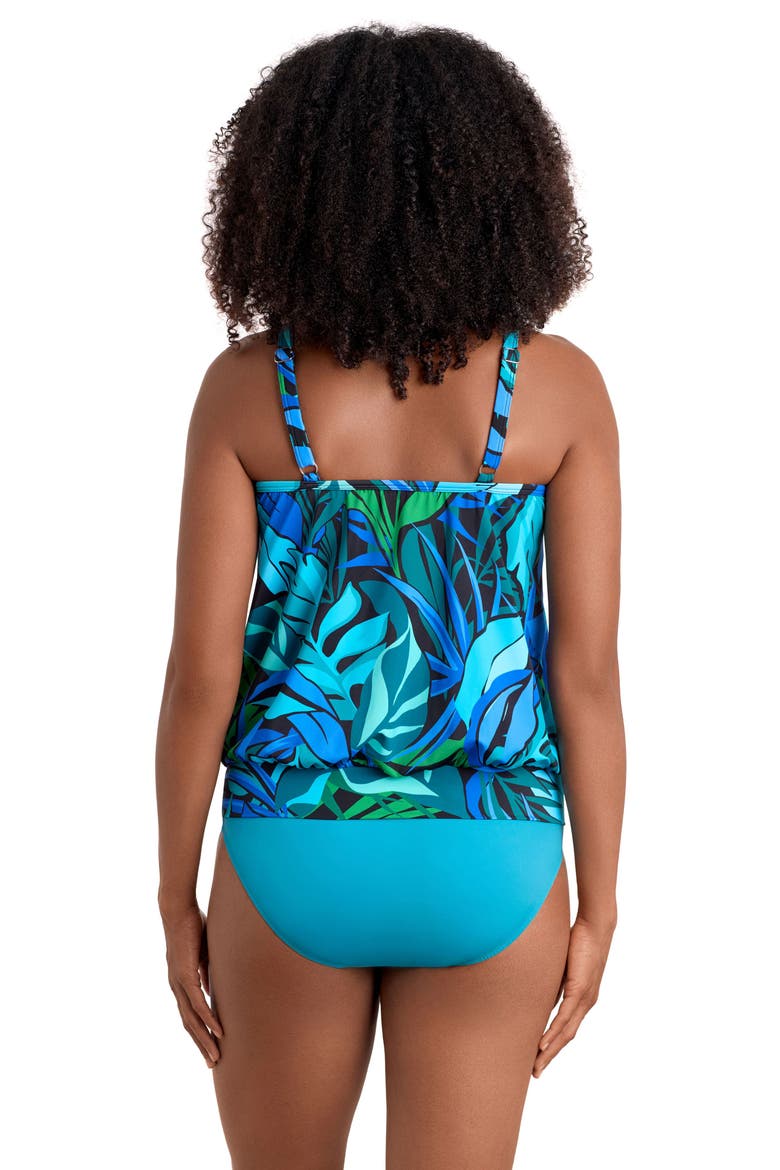High Neck Mesh Blouson Plus Size Tankini Swimsuit Top, Alternate, color, Leaf Sensation