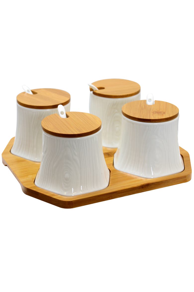 Ceramic Spice, Jam and Salsa Jars with Wood Lids & Serving Spoons, Alternate, color, White