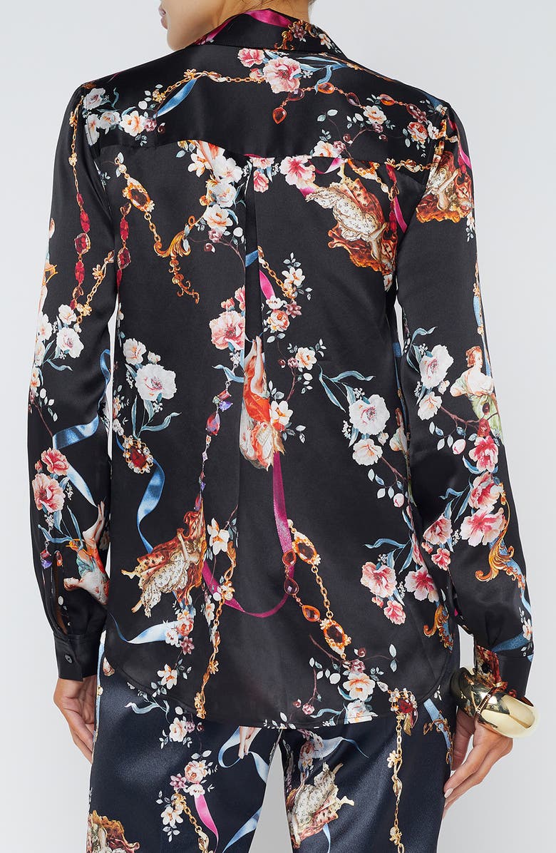 L'AGENCE Tyler Floral Print Long Sleeve Silk Shirt, Alternate, color, Black Multi Rococo Angel