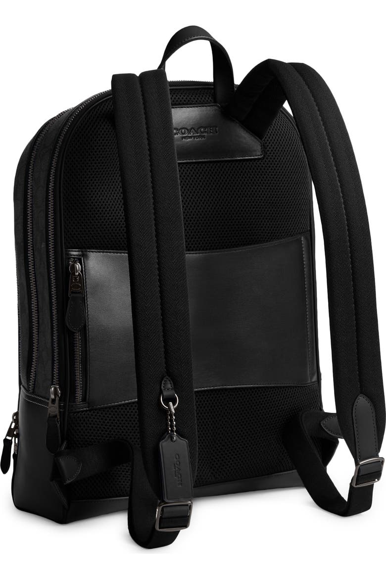 coach coated canvas backpack (CA140) Court Signature Rainbow Logo Khaki Multi Medium Bag Signature coated canvas Inside zip cell phone and multifunction pockets Laptop compartment with zip closure Zip closure recycled polyester lining Top handle with 2 drop Outside zip pockets Adjustable shoulder straps Fits a 12 (zip compartment) or 13 (main compartment) laptop 10 3/4 (L) x 14 (H) x 5 1/4 (W) Style No. COACH Gotham Coated Canvas &