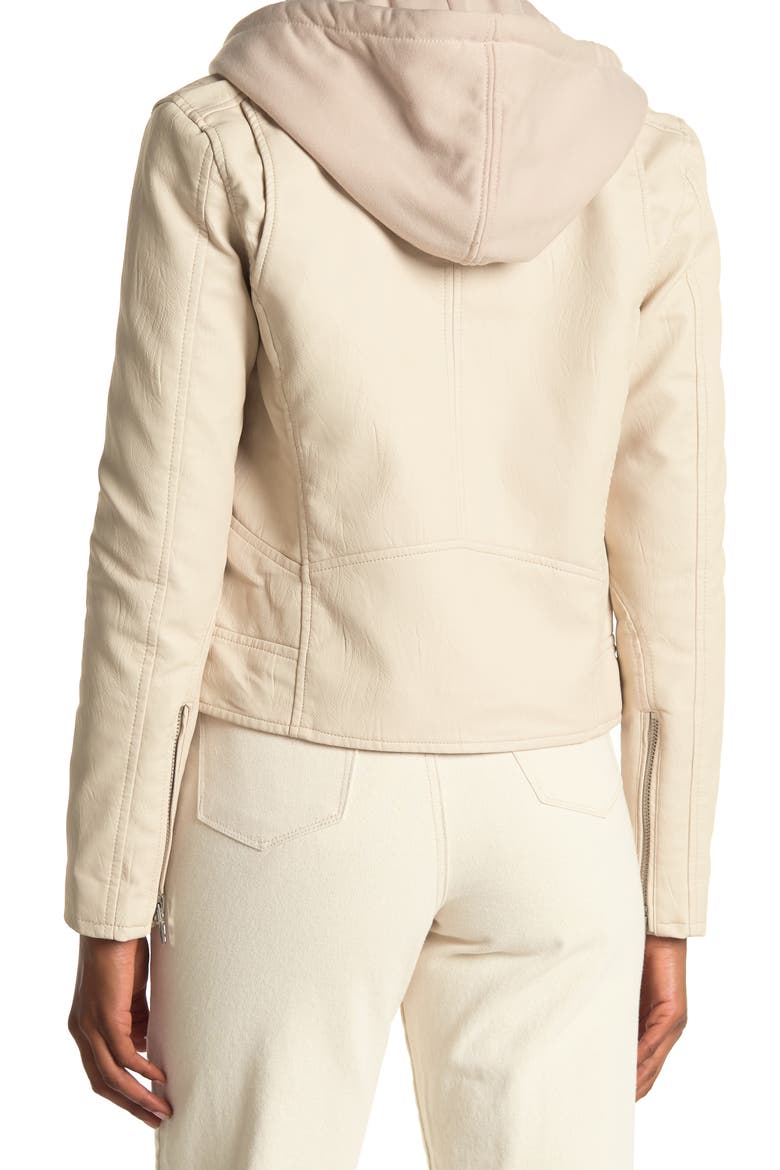 Faux Leather Hooded Crop Moto Jacket, Alternate, color, CHALK