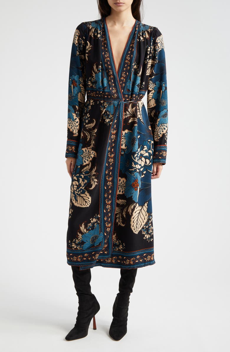 FARM Rio Blossom Tapestry Long Sleeve Wrap Dress, Main, color, 