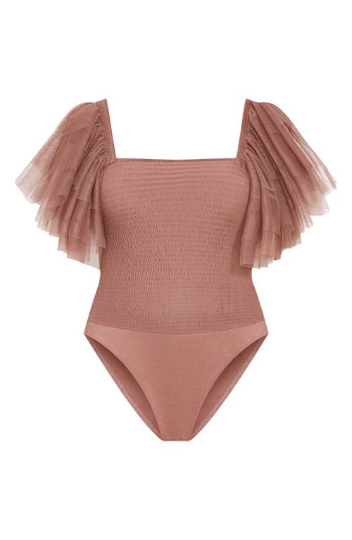 City Chic Azariah Shirred Tulle Sleeve Bodysuit In Purple