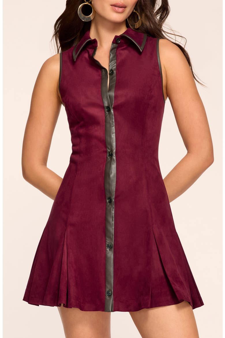 Stella Faux Leather Trim Pleated Skater Minidress, Alternate, color, CRANBERRY