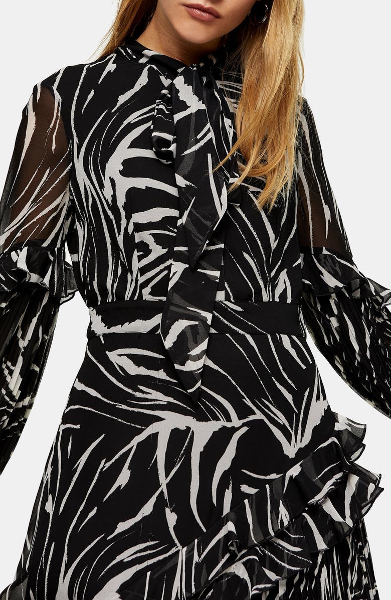 Topshop Zebra Print Ruffle & Pleat Long Sleeve Maxi Dress, Alternate, color,