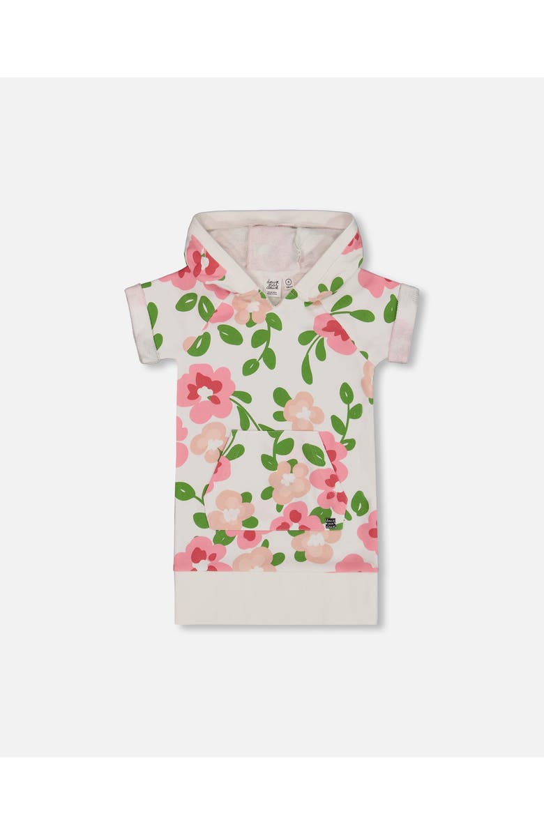 Deux par Deux Little Girl's Printed French Terry Hooded Dress Pink Flowers On White Background, Main, color, Pink Flowers On White