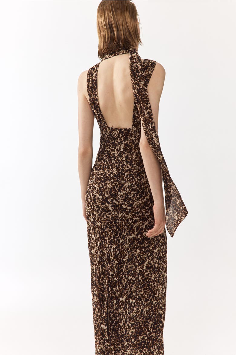 Scarf-detail Chiffon Dress, Alternate, color, Dark brown/patterned