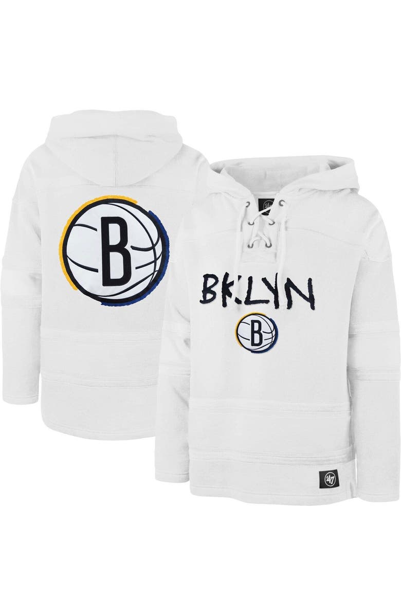 '47 Men's '47 White Brooklyn Nets 2022/23 Pregame MVP Lacer Pullover Hoodie - City Edition, Main, color,