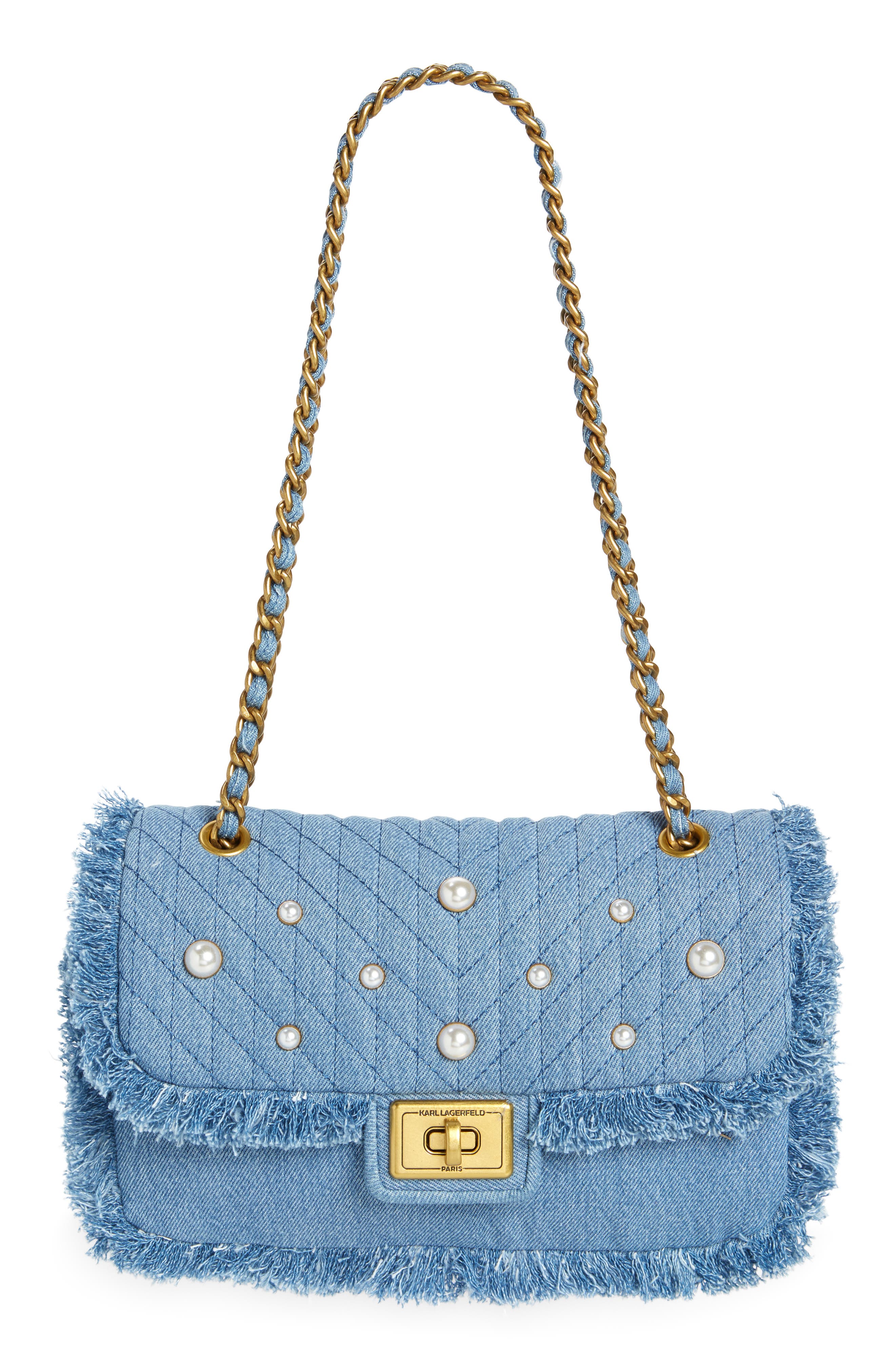 KARL LAGERFELD PARIS Medium Agyness Quilted Denim Convertible Shoulder Bag, Main, color, 
