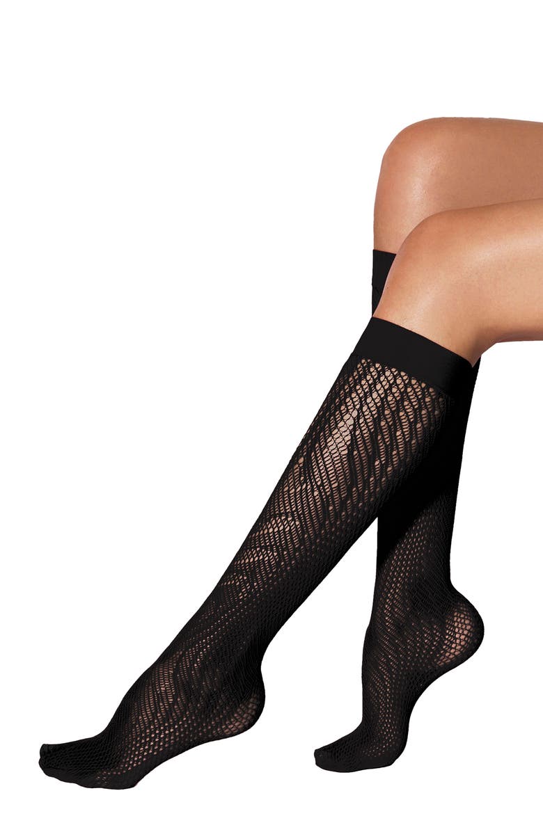 Wolford Snake Print Mesh Knee High Socks, Main, color, Black