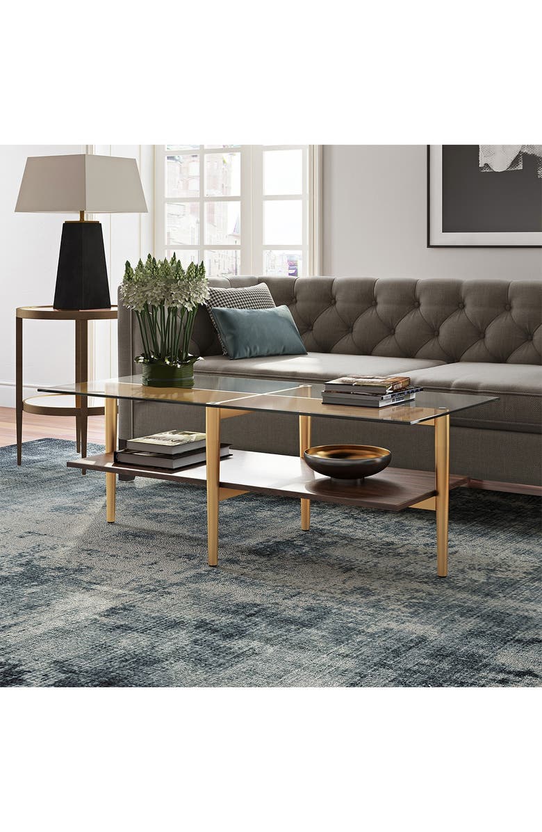 ADDISON AND LANE Otto 47" Brass Finish Coffee Table with Walnut Shelf, Alternate, color, 