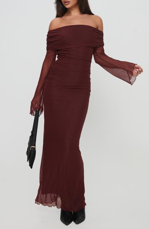 Consideration Off the Shoulder Long Sleeve Mesh Maxi Dress