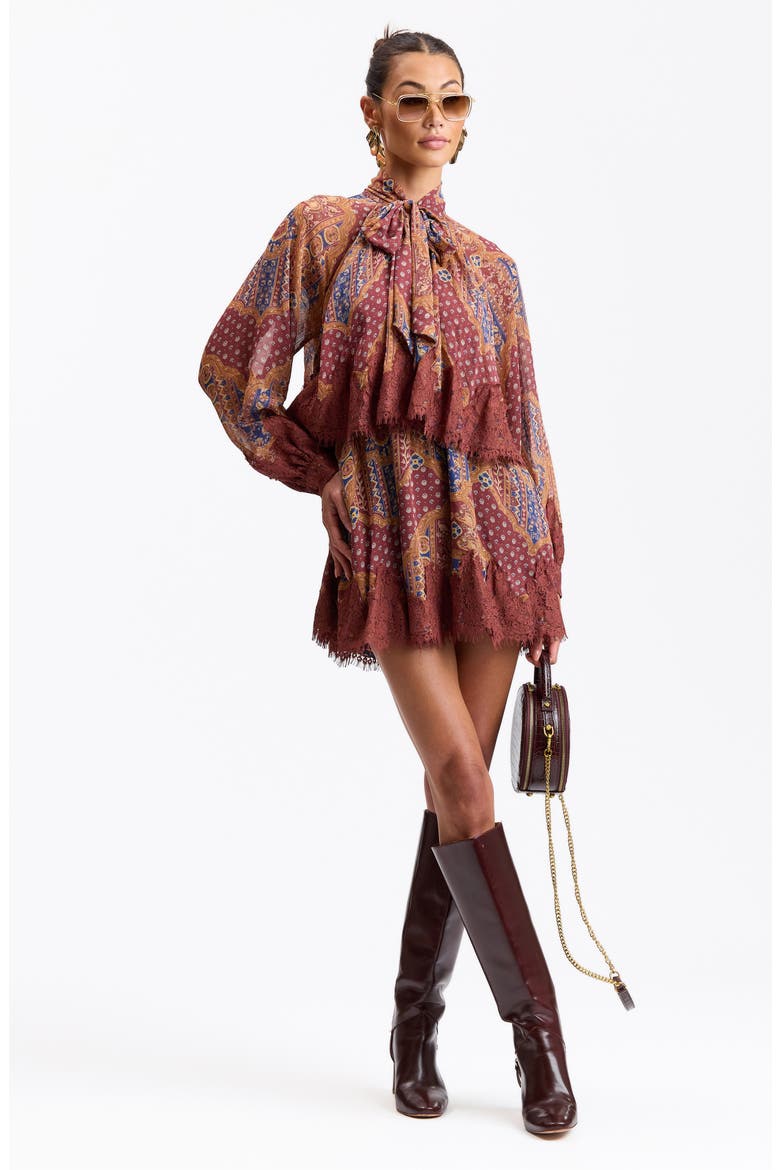 Long Sleeve Scarf Print Georgette Minidress, Alternate, color, COGNAC MEDALLION SCA