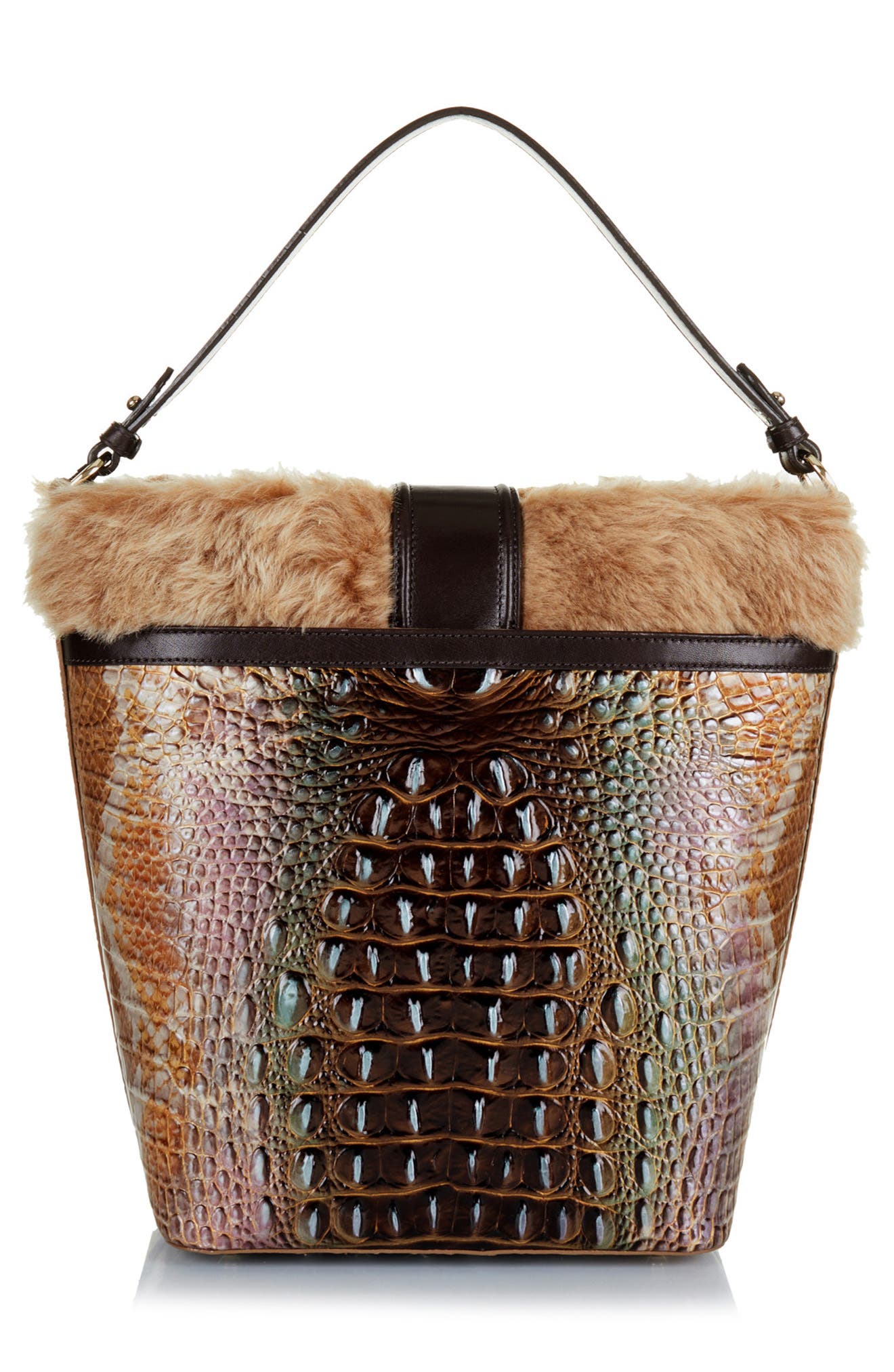 Brahmin Shira Genuine Shearling & Croc Embossed Leather Bucket Bag, Alternate, color, 