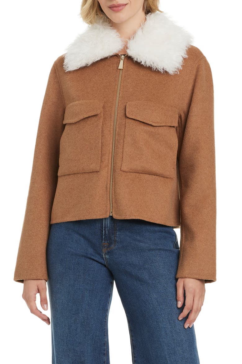 Wool Blend Jacket with Removable Faux Shearling Collar, Main, color, VICUNA