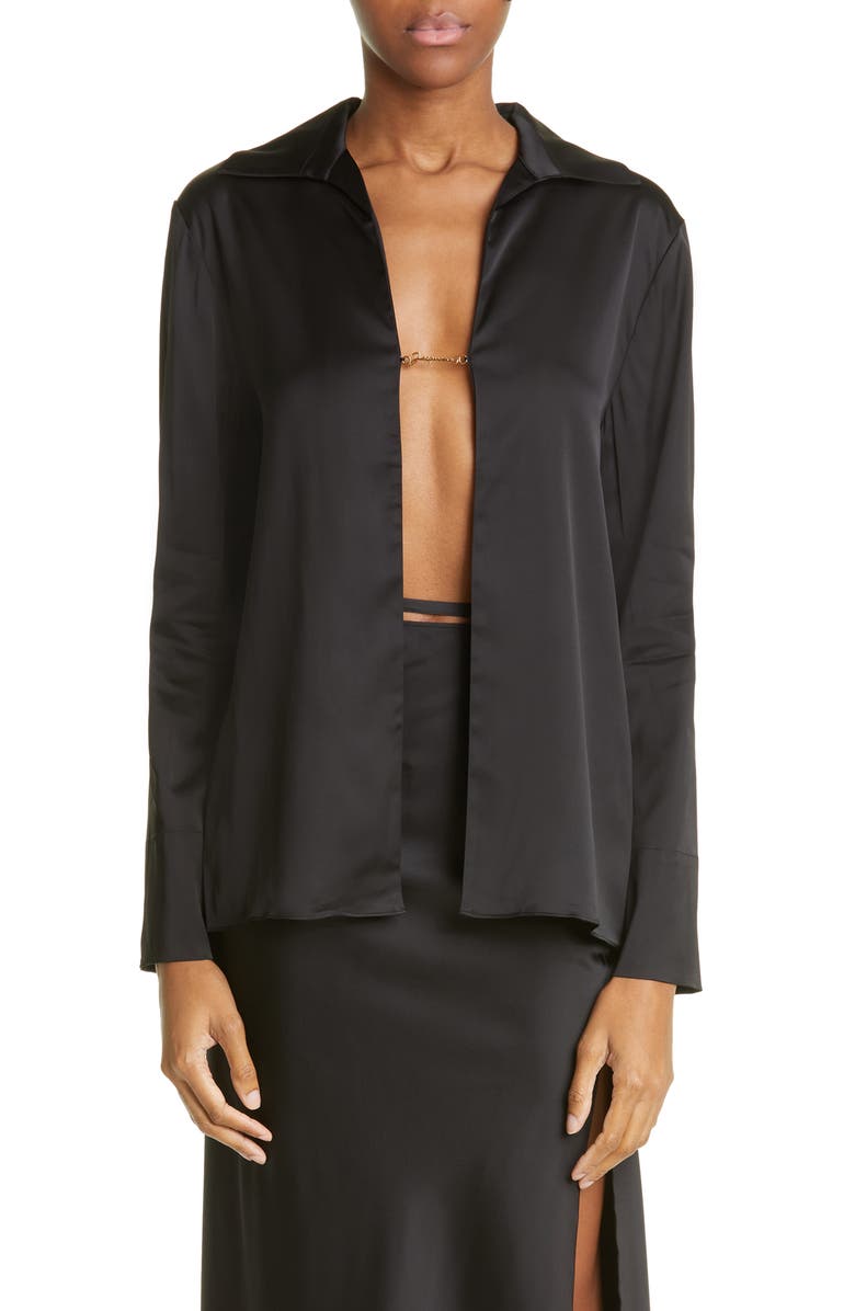 Jacquemus La Chemise Notte Logo Charm Open Front Stretch Satin Blouse, Main, color,