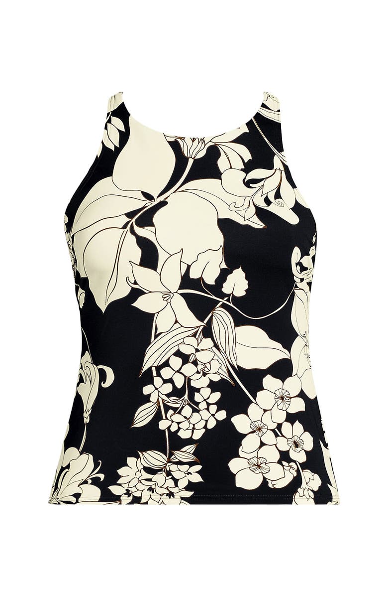 Lands' End Tugless High Neck Strappy Back Tankini Swimsuit Top, Alternate, color, Black/Egret Lilies