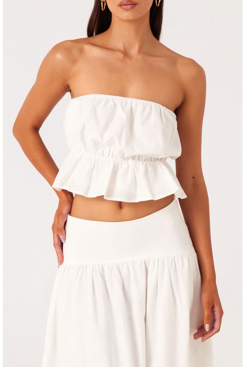 Nesa Strapless Linen & Cotton Peplum Crop Top, Main, color, WHITE