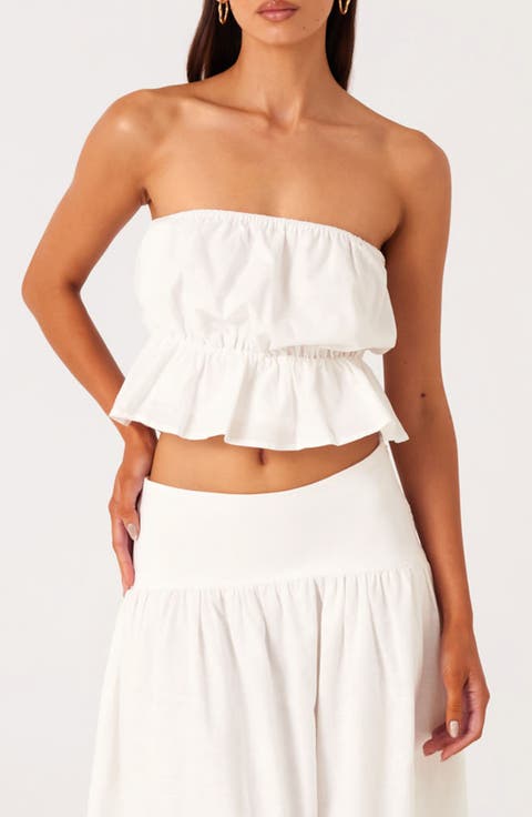 Nesa Strapless Linen & Cotton Peplum Crop Top
