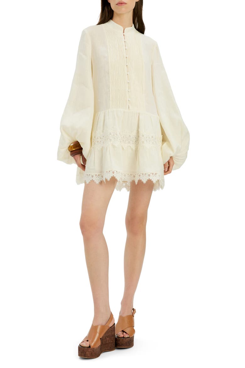 Antonia Lace Trim Long Sleeve Linen Minidress, Main, color, EGGNOG