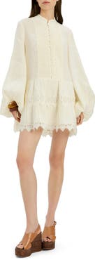 Bardot Antonia Lace Trim Long Sleeve Linen Minidress