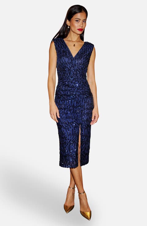 Sequin Fitted Wrap Dress With Split Hem