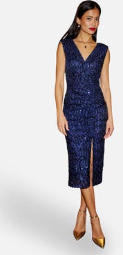 Yumi Sequin Split Hem Fitted Wrap Dress