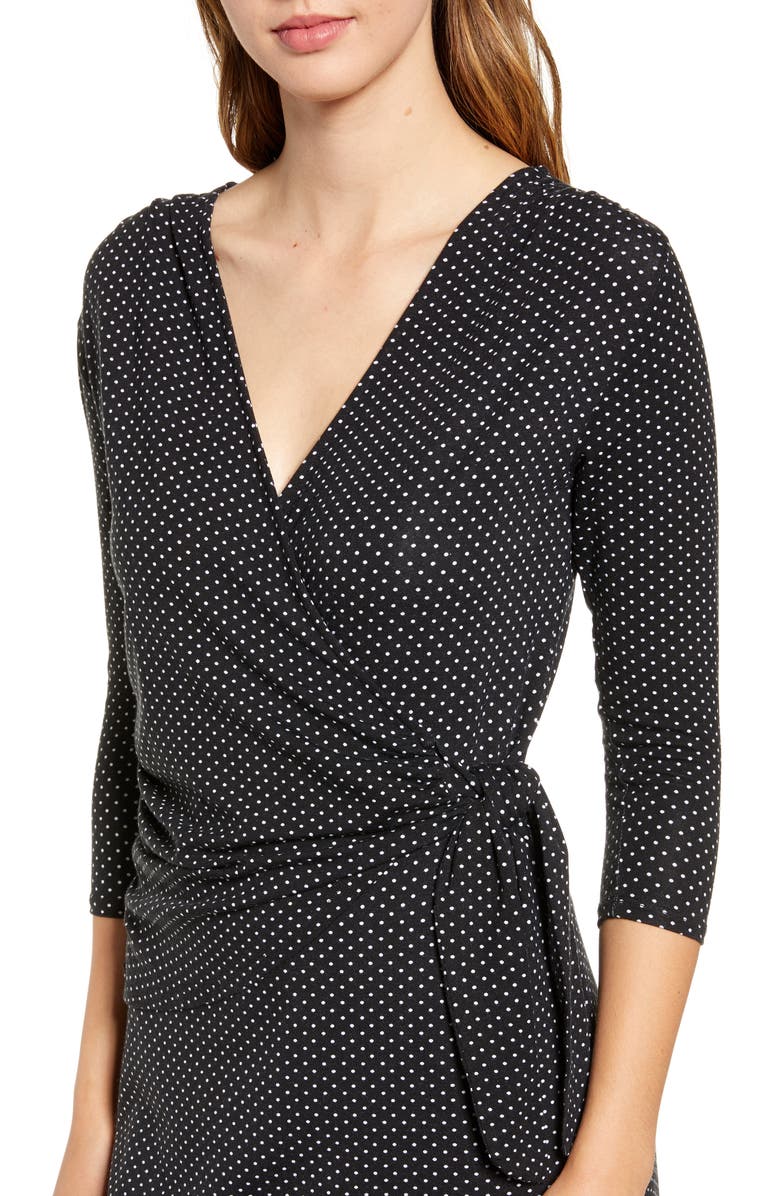 Loveappella Dot Print Wrap Midi Dress, Alternate, color,