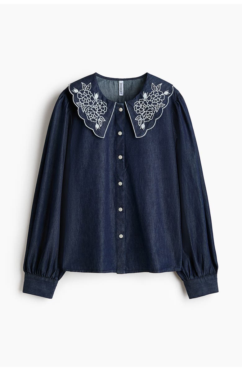 H&M Embroidered-collar Denim Blouse, Main, color, Dark Denim Blue